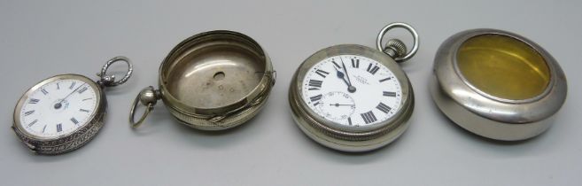 An .800 silver fob watch lacking hour hand, a Kay's pocket watch, etc.