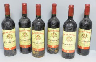 Six bottles of Roc de Lussac (2010) Lussac Saint-Emillion, Grand Vin de Bordeaux (cellar stored) **
