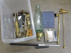 A collection of lighters, a vintage Thomas Edmondson lemonade bottle, thermometer, etc.