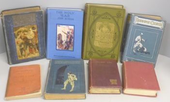 A collection of books including The Holy War, The Pilgrim's Progress (2) by John Bunyan, Robinson