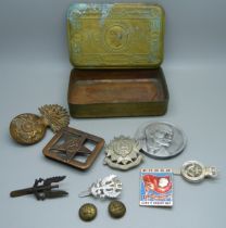 A 1914 Christmas tin, lacking hinge pin, badges, etc.