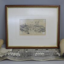 A WWI panorama photograph of North Evington War Hospital, 1916 and a framed pen and ink drawing of a