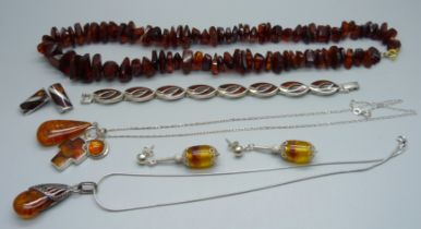 Silver mounted amber jewellery and an amber necklace