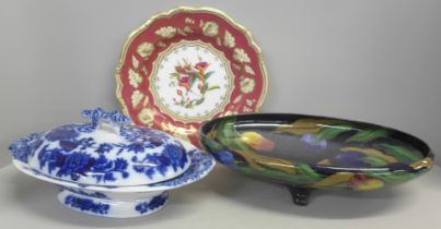 A Royal Stanley ware bowl decorated with flowers, a blue and white asparagus dish and cover and a