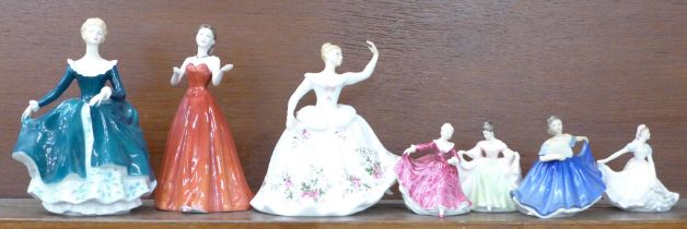 Seven Royal Doulton figures, one smaller figure a/f