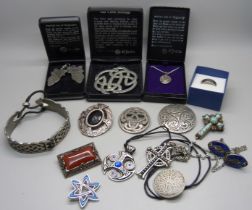 A collection of pewter jewellery including St. Justin, some boxed