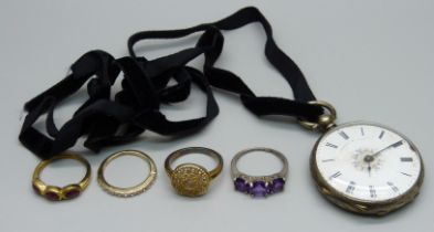 A silver fob watch, dial a/f, three silver rings including one set with diamonds and a costume ring