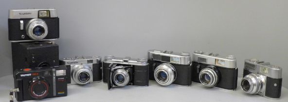 Eight film cameras, Voigtlander x6, various models, Kodak and one other