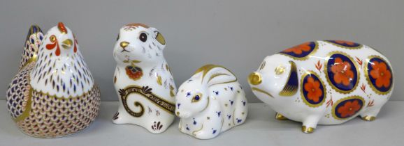 Four Royal Crown Derby paperweights, Sow, Rabbit, Mouse and Hen, three with gold stoppers
