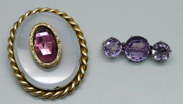 A brooch set with three amethysts and seed pearls and one other brooch, (lacking one seed pearl)
