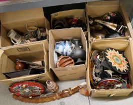 Six boxes of assorted items, tourist trade carvings, beadwork, glass and china including Navadja