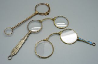 Three pairs of lorgnettes, 1900-1920's, one lens a/f