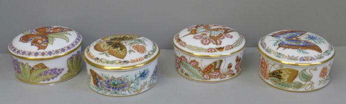 Four Royal Crown Derby Butterflies of the World lidded pots, USA, Europe, Great Britain and Eastern