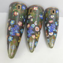 Three graduated cloisonne wall hanging pockets, tallest 26cm