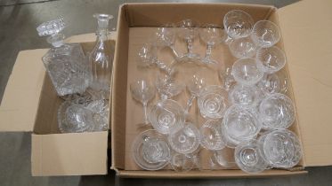 Two boxes of glassware; two decanters, a bowl, a jar and glasses **PLEASE NOTE THIS LOT IS NOT