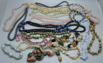 Gemstone necklaces including pink quartz, haematite, agate, etc.