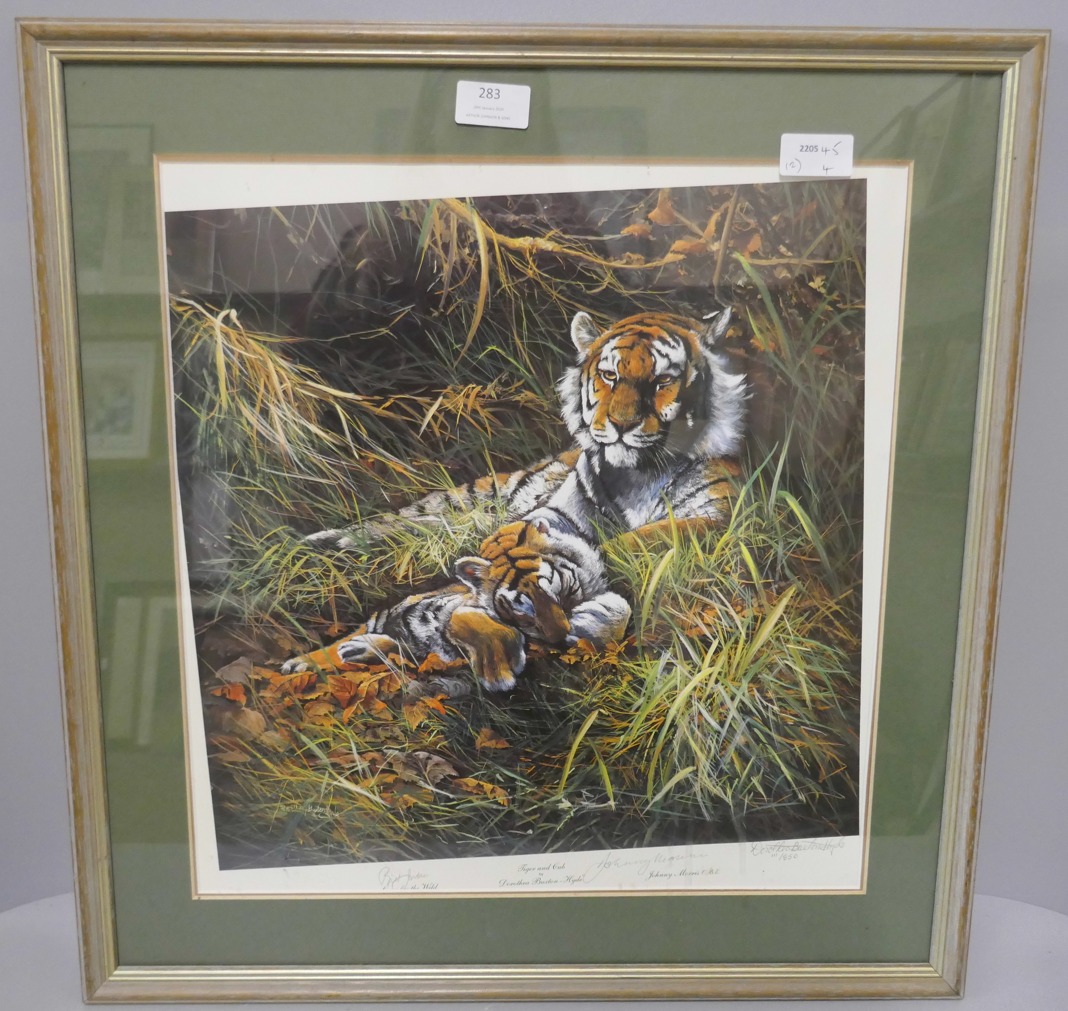 Two limited edition prints, Tiger and Cub, signed by the artist and Johnny Morris; a Distant