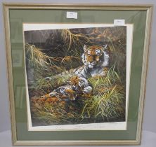 Two limited edition prints, Tiger and Cub, signed by the artist and Johnny Morris; a Distant