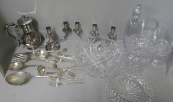 A Kosta glass decanter, four whisky tumblers, crystal biscuit barrel and two heavy glass bowls