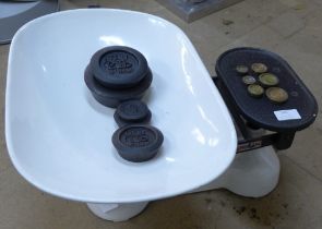 A large set of W & T Avery shop scales and a set of weights