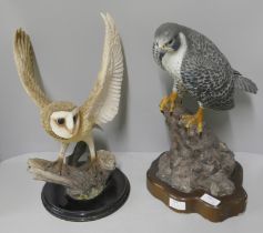 Two large models of birds, Tang's Art Design Co. Peregrine Falcon and a Leonardo Collection barn