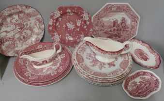 A collection of Spode Pink Tower dinnerwares; eight dinner plates, nine soup bowls, ten side plates,