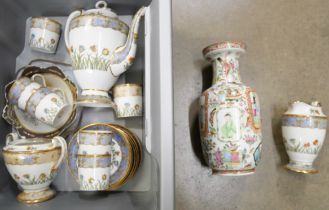 A Japanese coffee set, sugar basin lacking lid, a Chinese vase, a/f, cloisonne dish and one