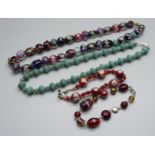 Glass bead necklets and bracelets, (2+2), one bracelet requires repair