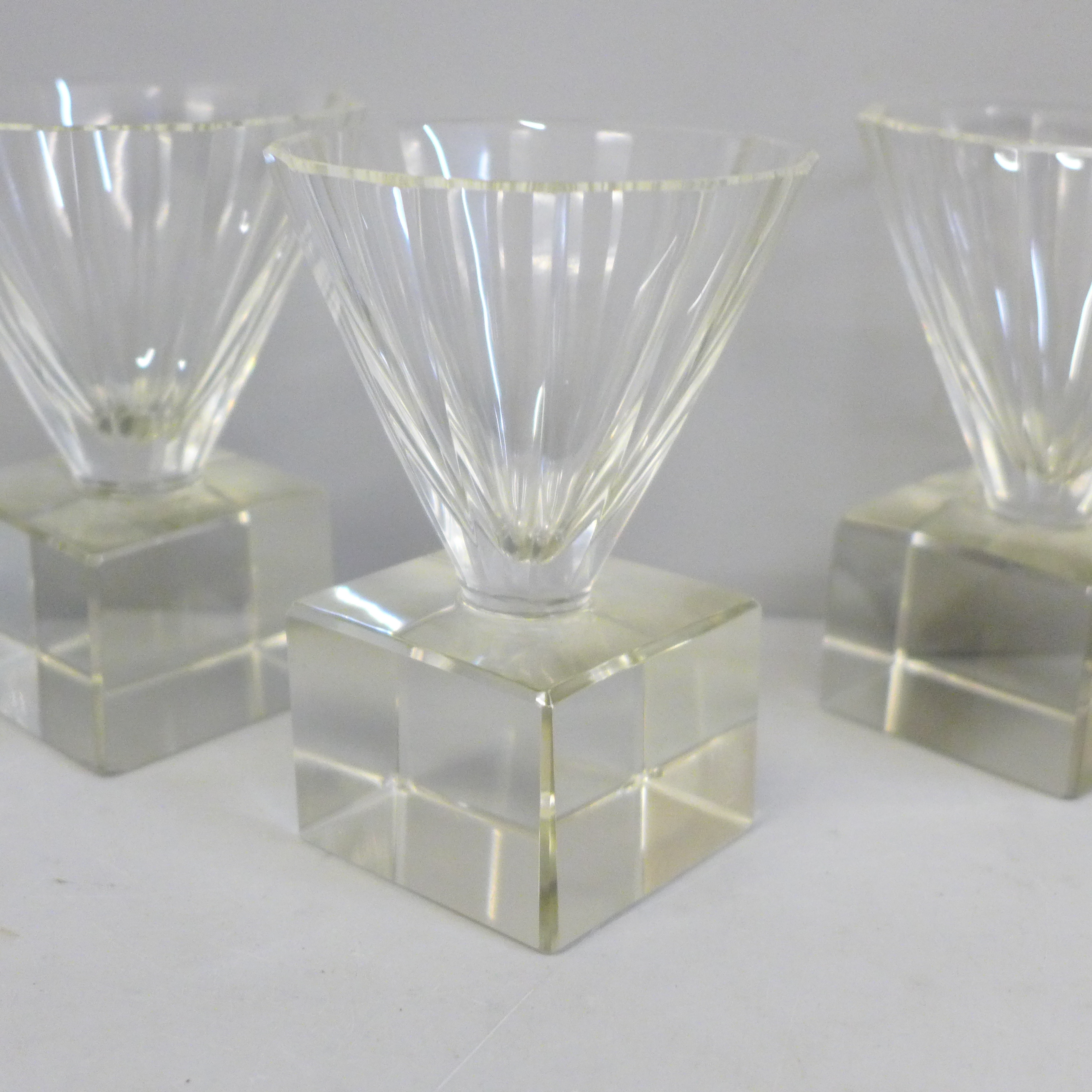 Four heavy crystal glass liqueur glasses, signatures worn and each base chipped - Image 2 of 3