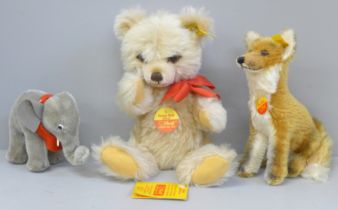 Three Steiff animals; Petsy Soft, Fuchs and a small elephant