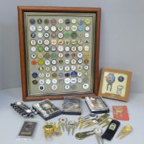 A collection of golf related items including a framed display of ball markers and other assorted