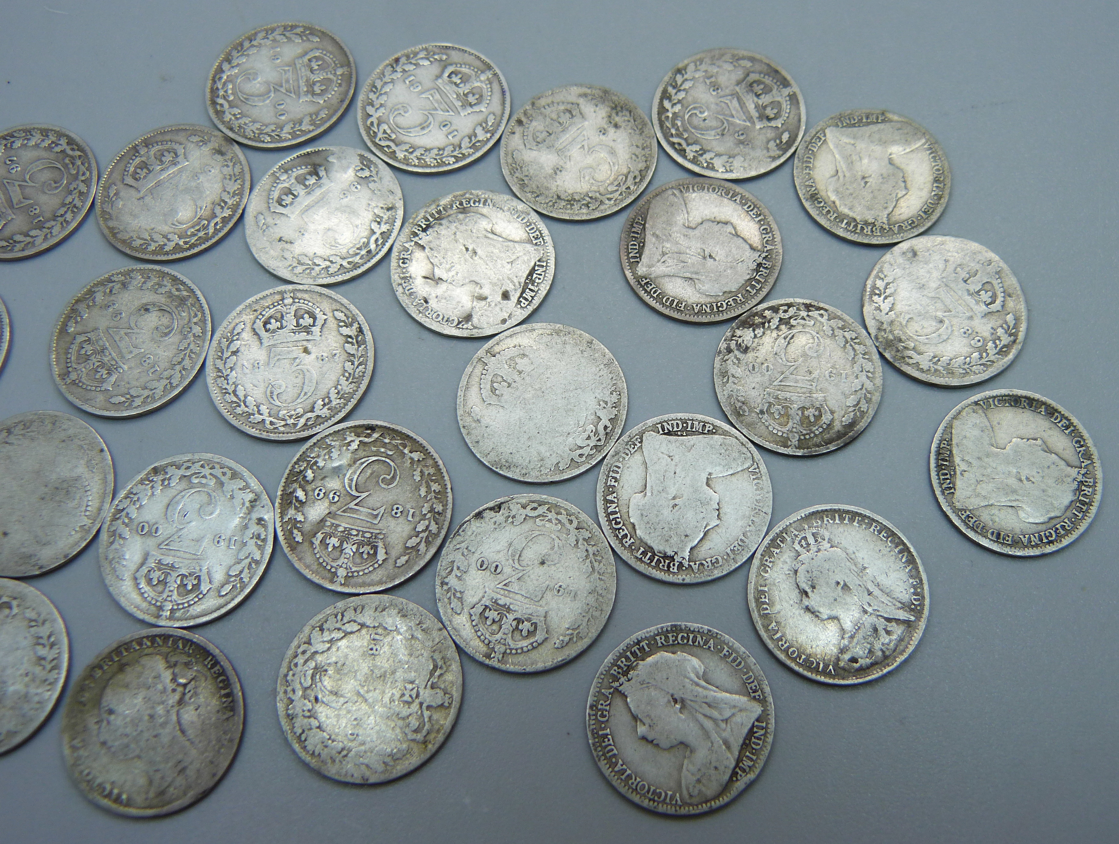 Thirty Victorian 3d coins, various dates, 39.6g - Image 2 of 3