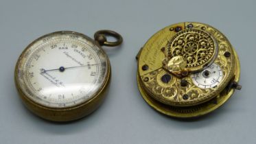 A verge pocket watch movement, (missing dial), and a pocket barometer