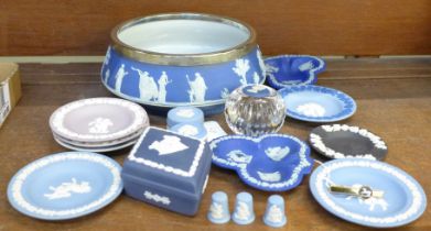 A collection of Wedgwood Jasperware including a bowl with silver plated rim, dishes, box,