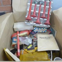 A box of vintage motor car items including 1970s air horn set, Carello spotlight, Osram bulbs and