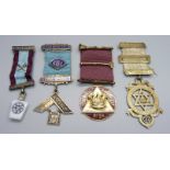 Three Masonic silver medals and ribbons and one other Masonic medal, (silver weight with ribbons