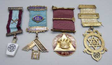 Three Masonic silver medals and ribbons and one other Masonic medal, (silver weight with ribbons