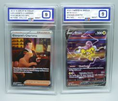 Two graded Pokemon cards, scarlet and violet and Sword and Shield