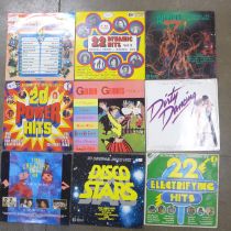 Eighteen disco compilation LP records