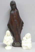Three religious figures, porcelain figure of by C. M. Nolan, Ireland (small chip) and carved