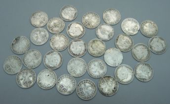 Thirty Victorian 3d coins, various dates, 39.3g