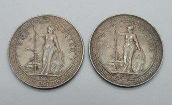 Two Hong Kong silver one dollar coins, 1900 and 1902, total weight 53.9g