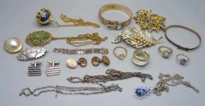 A Victorian silver brooch, a pair of silver cufflinks, a buckle bangle and other jewellery