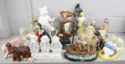 A collection of animal figures including Kung-Fu pig, a Neapolitan figure of a cobbler, a/f, a