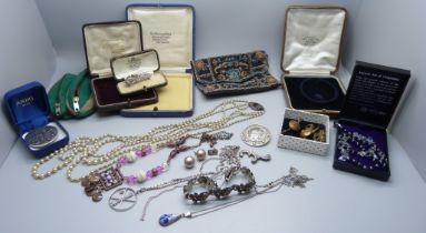 Jewellery; pendants and chains, brooches, St. Justin pewter, military badges, etc.