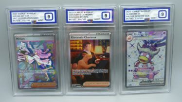 Three graded scarlet and violet Pokemon cards, all graded 9