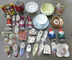 A box of decorative china and ornaments including a Carlton Ware Crinoline Lady cruet, Royal