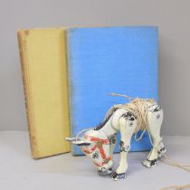 A Muffin the Mule metal puppet, with two Muffin the Mule books circa 1950 (some drawing in books)