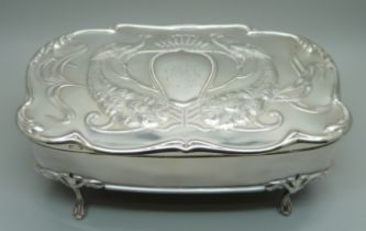 An Art Nouveau silver jewellery box, Birmingham 1902, with later inscription, 21cm wide