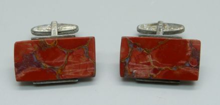 A pair of agate cufflinks, stamped silver, a/f
